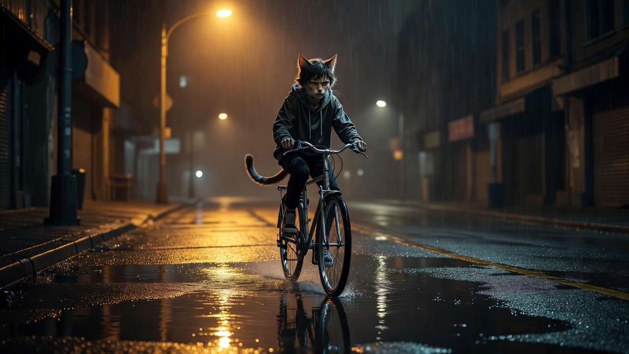CATBOY OUTRACES RAINDROPS IN BIZARRE BICYCLE SPECTACLE